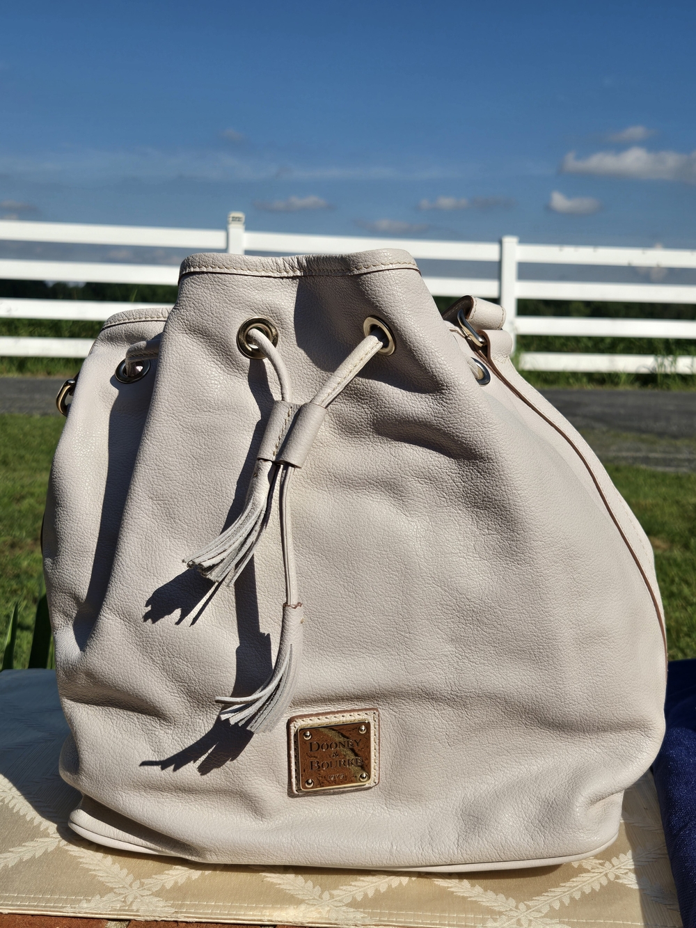 Dooney & Bourke Cream Leather Drawstring Hobo with Tassel
